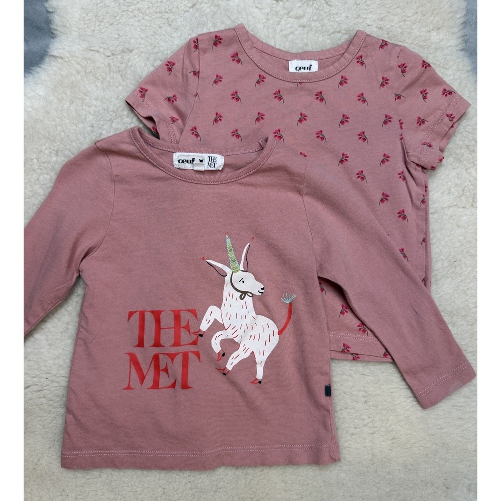 Oeuf The Met Unicorn Floral Shirt Lot Organic Cotton Pink 2 Tops NYC Collab 18M